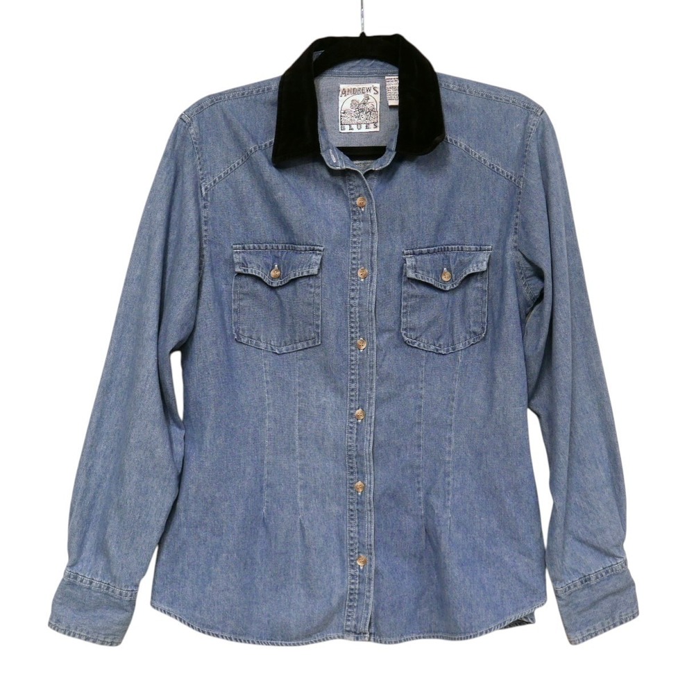 Vintage Andrew's Blues Blue Denim Shirt, Size Large, Velvet Collar Cotton Fitted